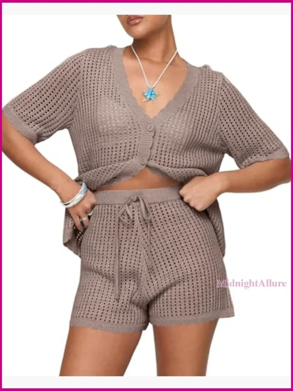 Crochet Swimsuit Coverup Set Short Sleeve V Neck Button Top Drawstring Shorts